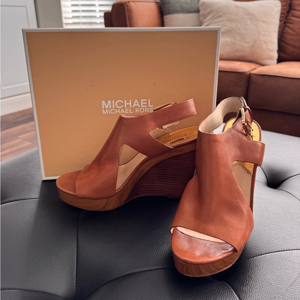 Michael Kors Brown Leather Wedge Sandals